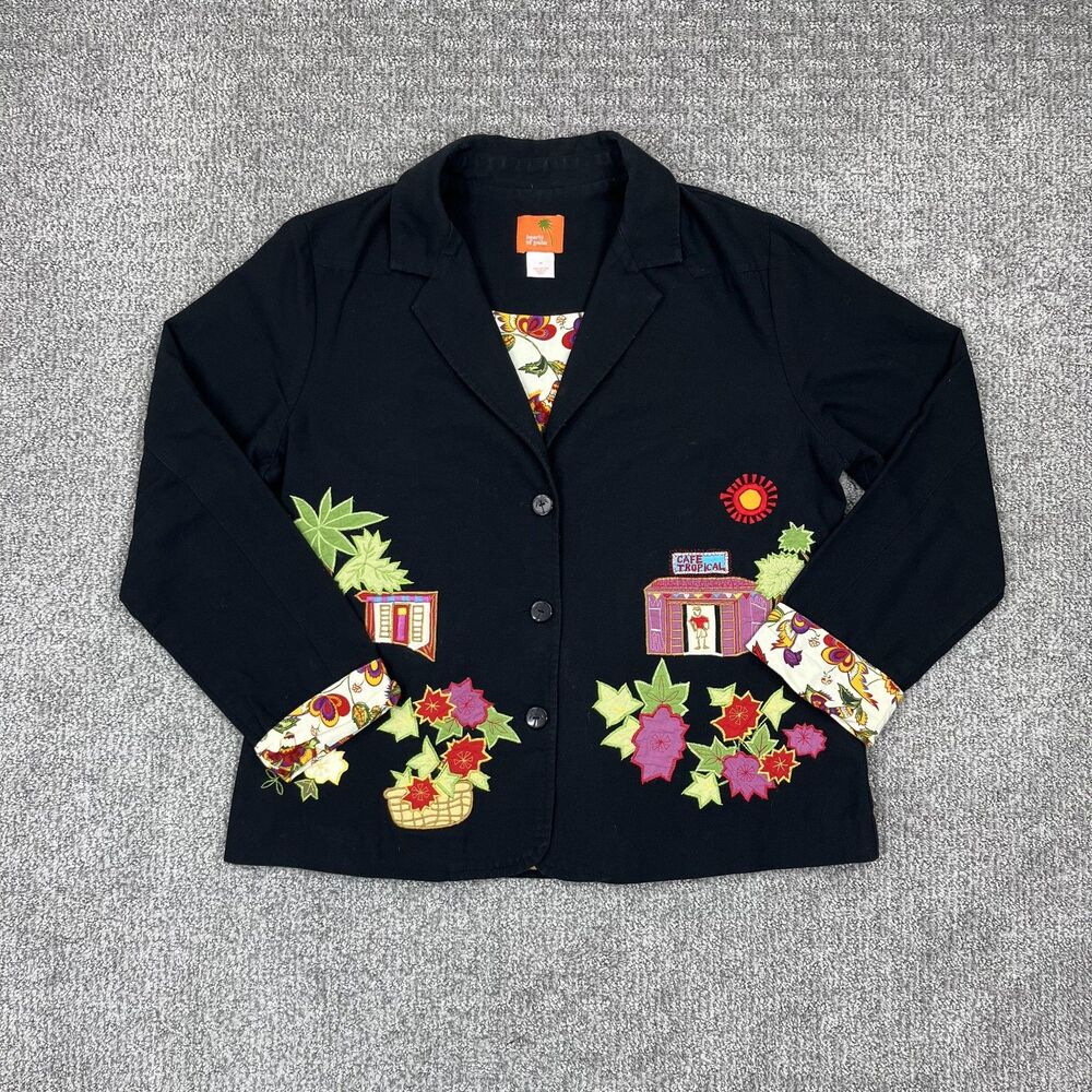 Vintage Blazer Womens 10 Black Tropical Floral Applique Jacket Artsy Folk 00s